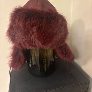 Burgundy Fox Fur and Suede Trapper Hat